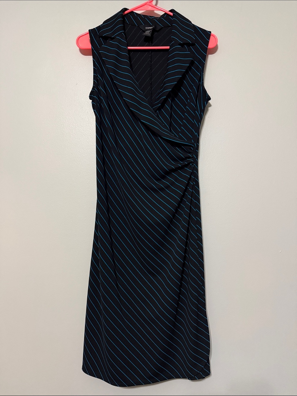 Express Black Sleeveless Midi Dress with Blue Pinstripes